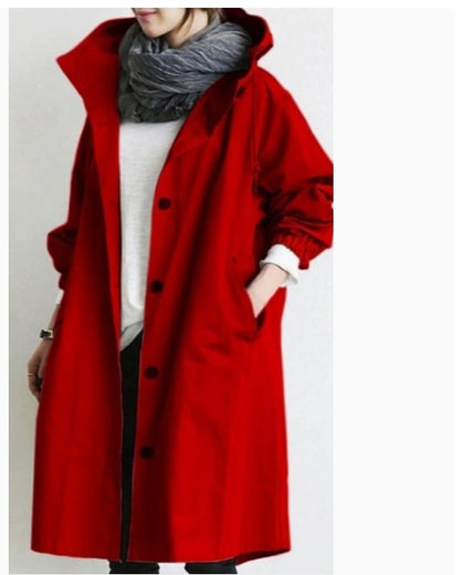 Oversized Hooded Long-sleeved Button Trench Coat