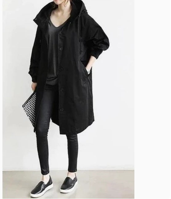 Oversized Hooded Long-sleeved Button Trench Coat