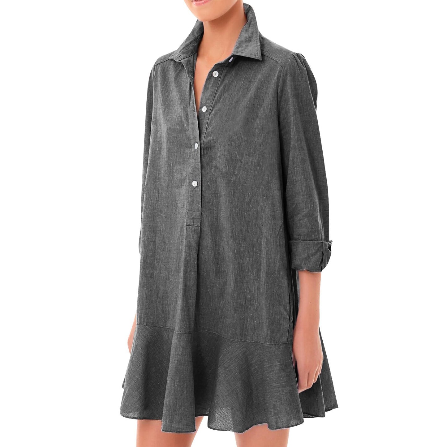 Women Long-sleeved Shirt-hem Ruffle Dress