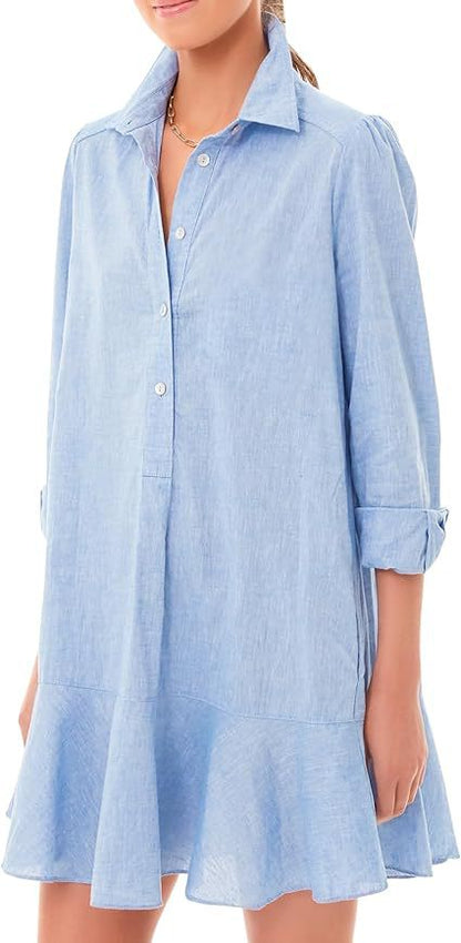 Women Long-sleeved Shirt-hem Ruffle Dress