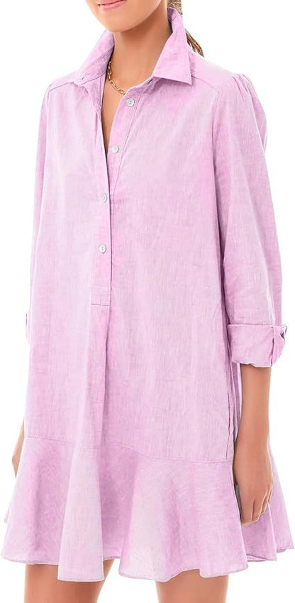 Women Long-sleeved Shirt-hem Ruffle Dress