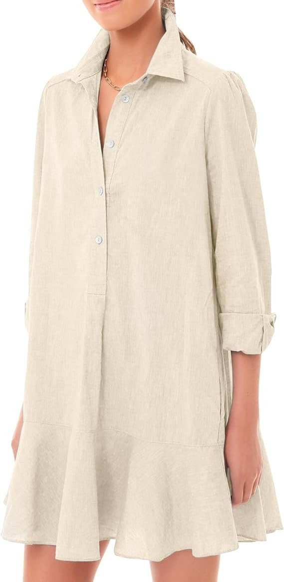 Women Long-sleeved Shirt-hem Ruffle Dress