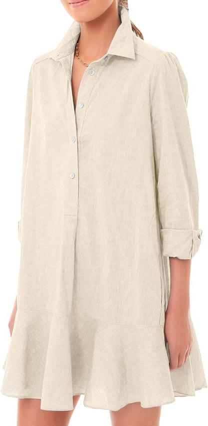 Women Long-sleeved Shirt-hem Ruffle Dress