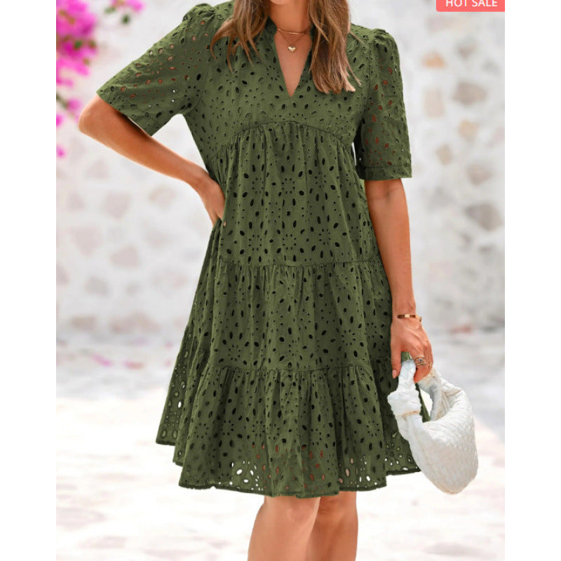 Women's Elegant Hollow Out Lace Ruffle Casual Mini Dress