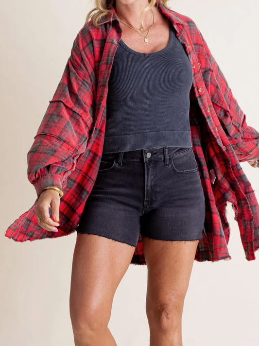 Women's Seams Raw Edge Washed Oversized Shirt Jacket with Pockets