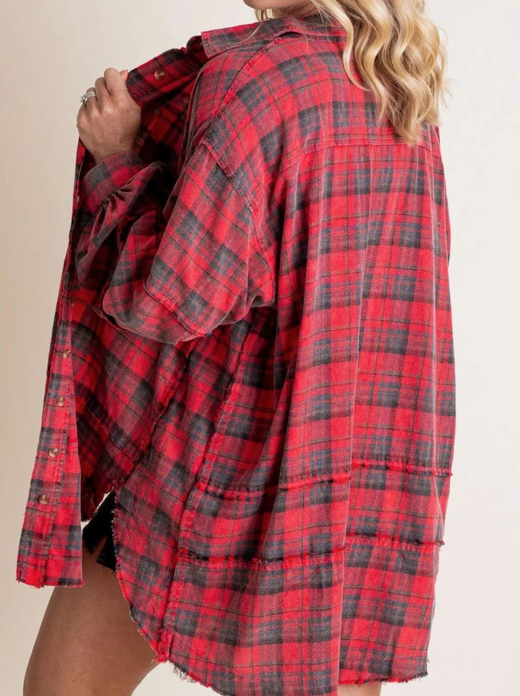 Women's Seams Raw Edge Washed Oversized Shirt Jacket with Pockets