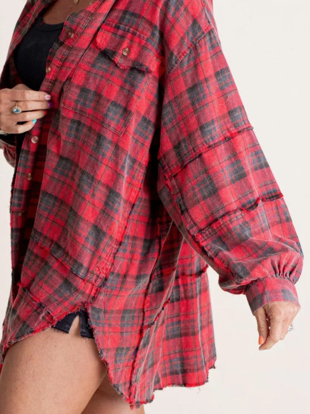Women's Seams Raw Edge Washed Oversized Shirt Jacket with Pockets
