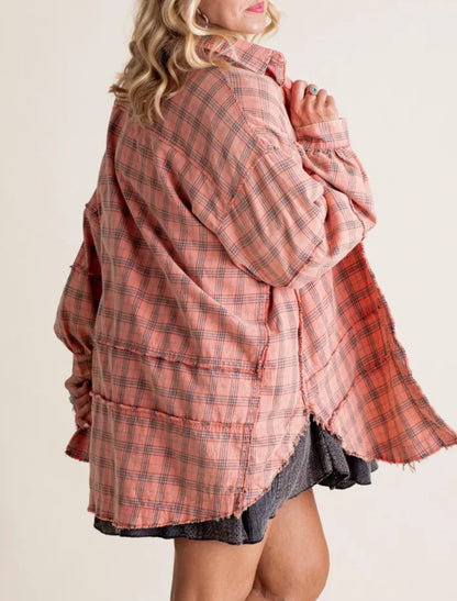 Women's Seams Raw Edge Washed Oversized Shirt Jacket with Pockets