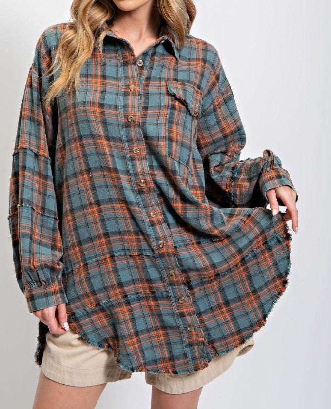 Women's Seams Raw Edge Washed Oversized Shirt Jacket with Pockets