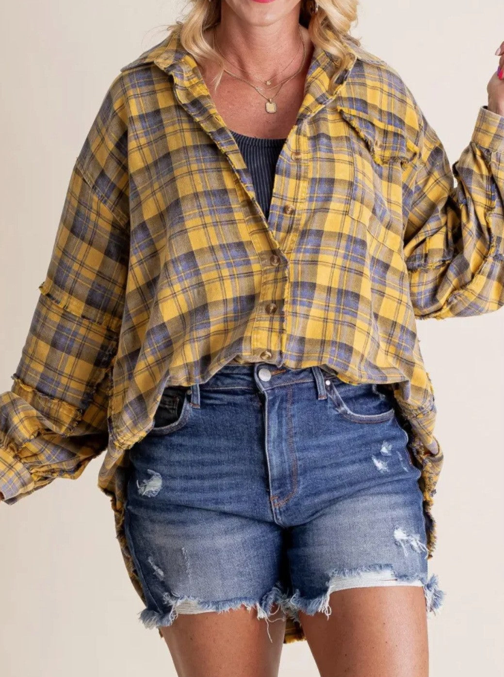 Women's Seams Raw Edge Washed Oversized Shirt Jacket with Pockets