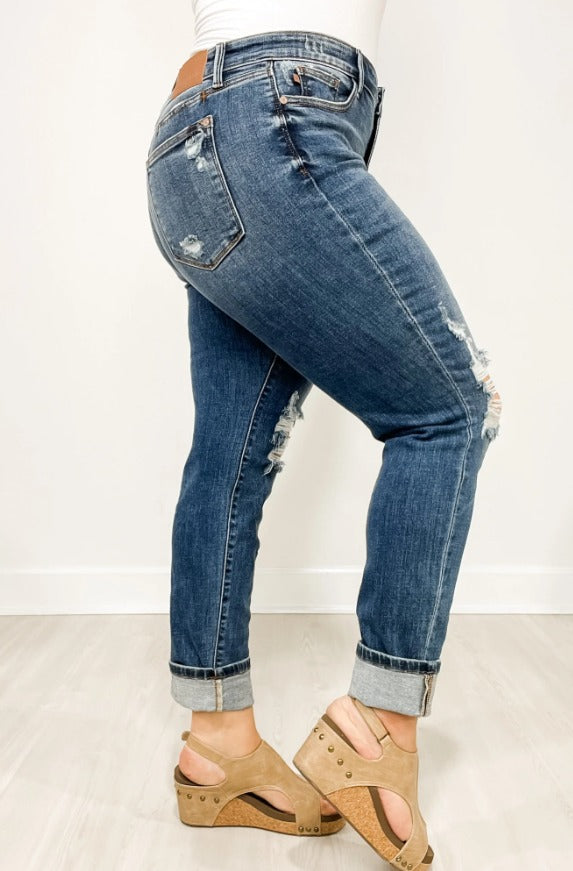Mid-Rise Boyfriend Fit Distressed Cuffed Jeans