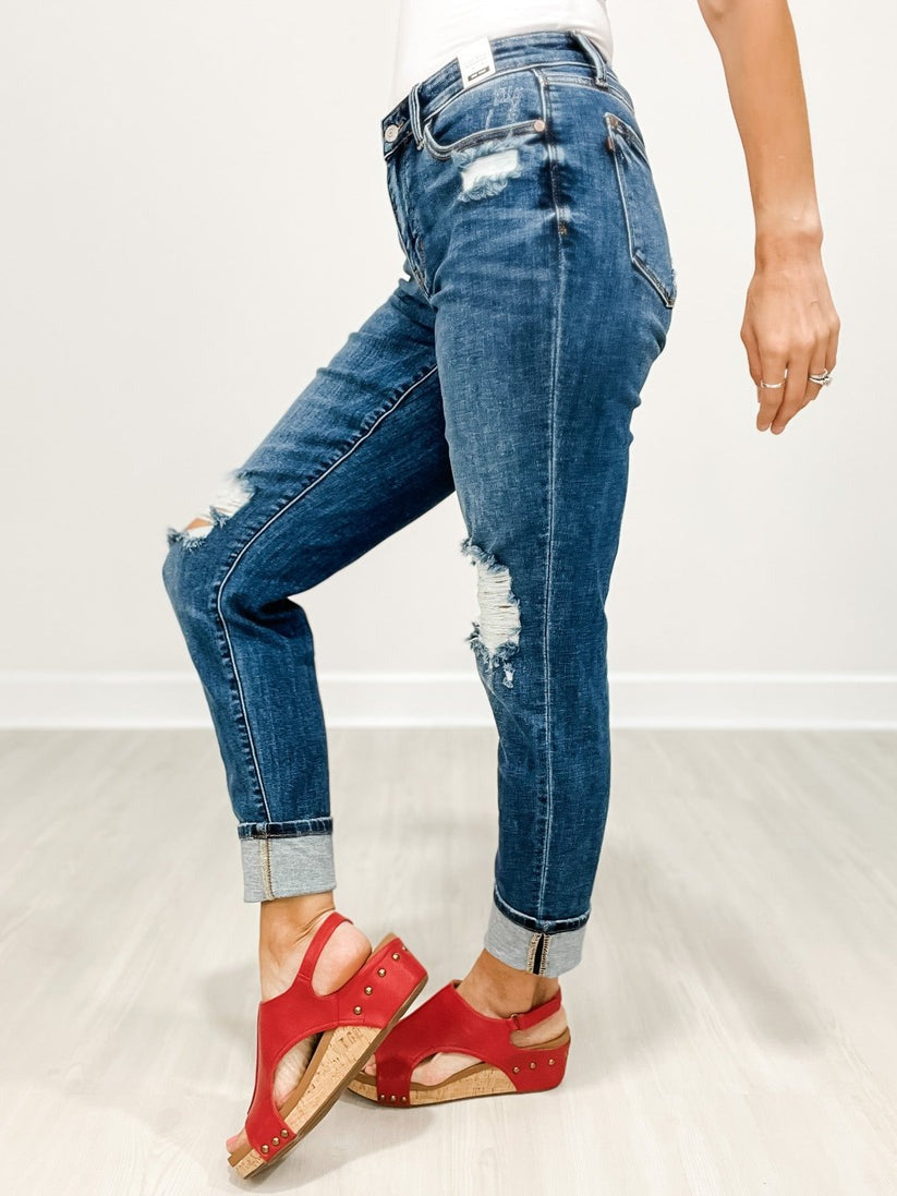 Mid-Rise Boyfriend Fit Distressed Cuffed Jeans