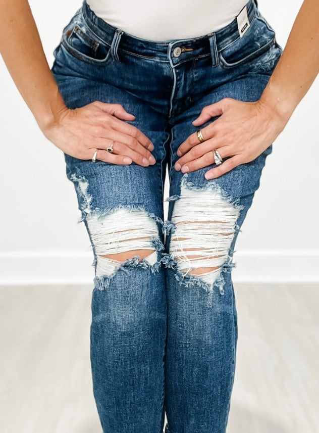 Mid-Rise Boyfriend Fit Distressed Cuffed Jeans