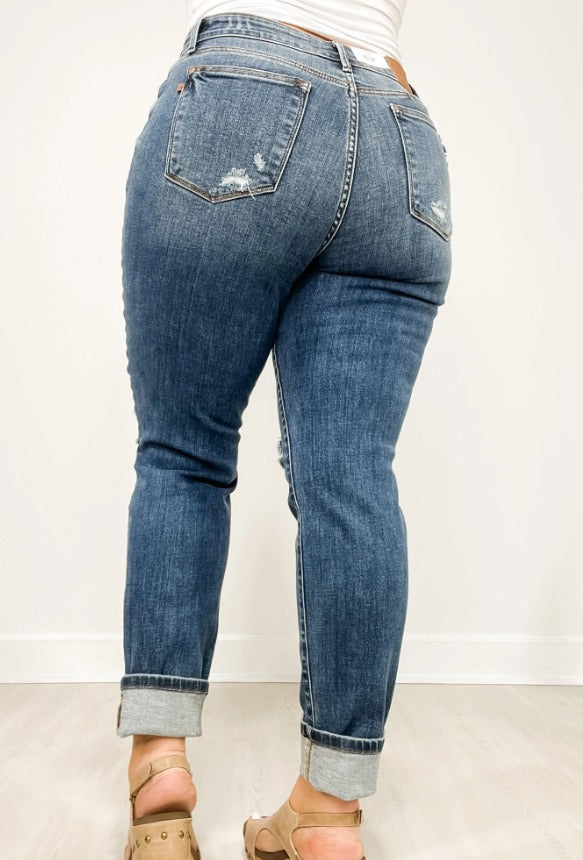 Mid-Rise Boyfriend Fit Distressed Cuffed Jeans