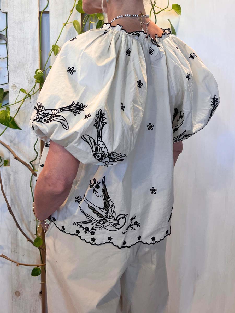 Bird Embroidered Lace-Up Puff Sleeve V-Neck Top