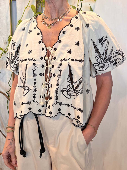 Bird Embroidered Lace-Up Puff Sleeve V-Neck Top