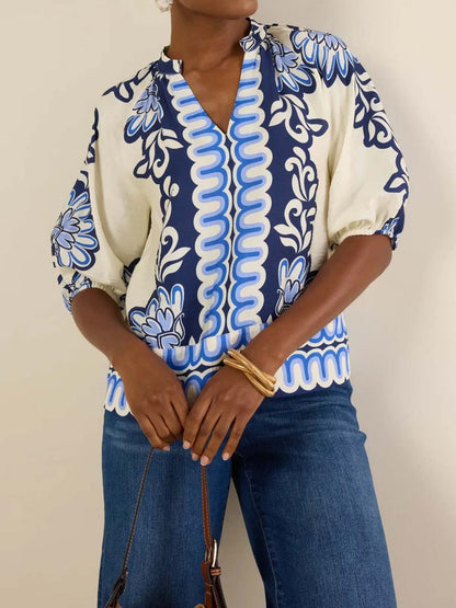 Band Collar Printed Top
