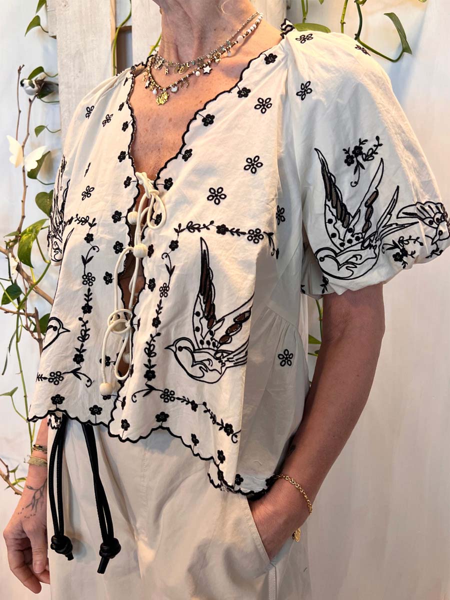 Bird Embroidered Lace-Up Puff Sleeve V-Neck Top