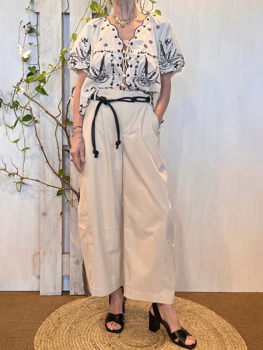 Bird Embroidered Lace-Up Puff Sleeve V-Neck Top