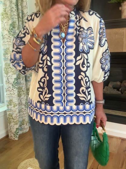 Band Collar Printed Top