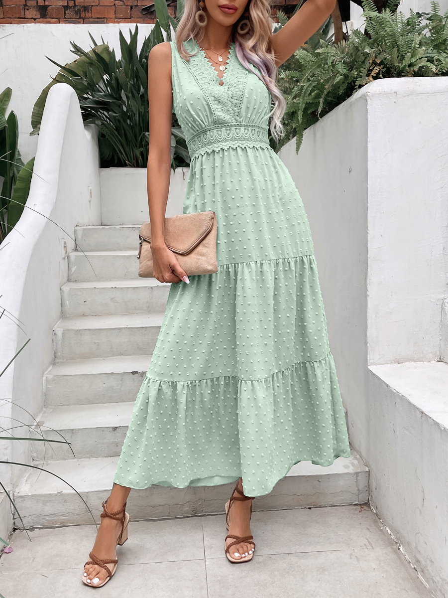 Lace V-neck Polka Dot Sleeveless Dress