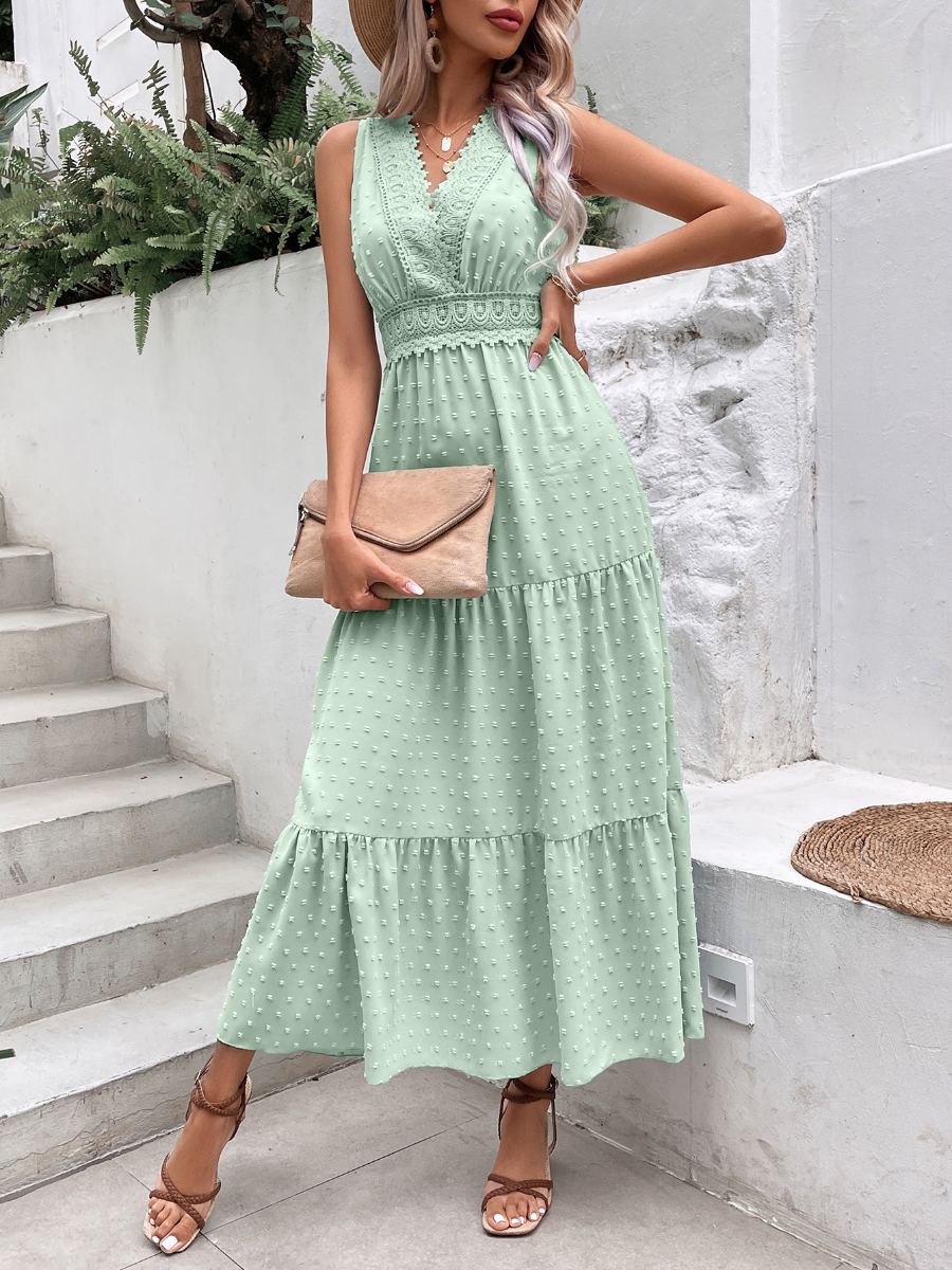 Lace V-neck Polka Dot Sleeveless Dress
