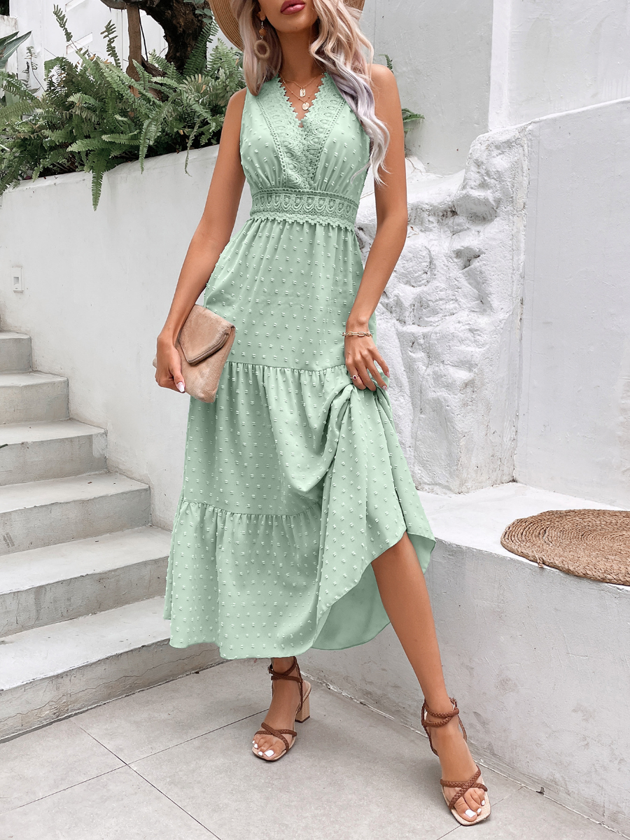 Lace V-neck Polka Dot Sleeveless Dress